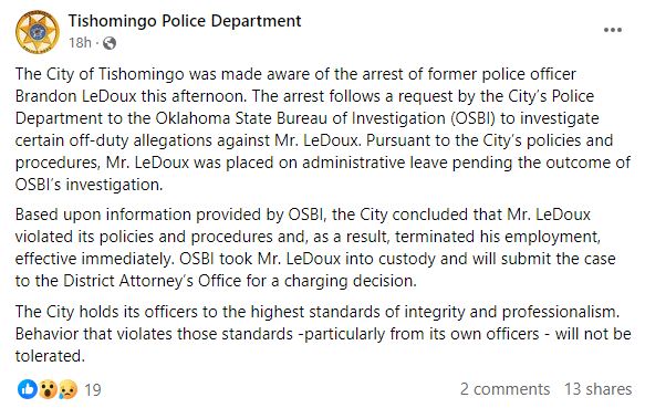 Screenshot of Tishomingo Police Department Facebook Post