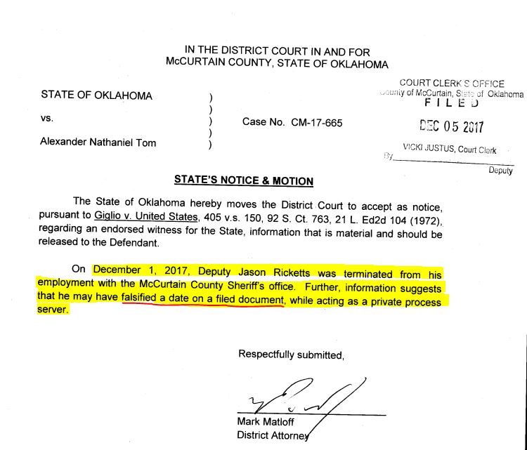 Giglio Notice filed in McCurtain County District Court Case # CM-2017-665